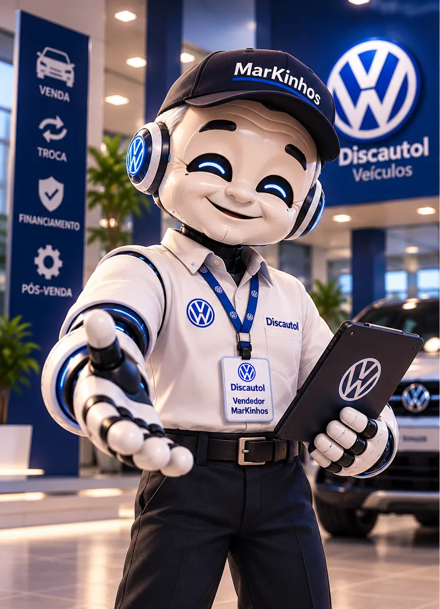 Robô vendedor com uniforme da Discautol — personagem ilustrativo